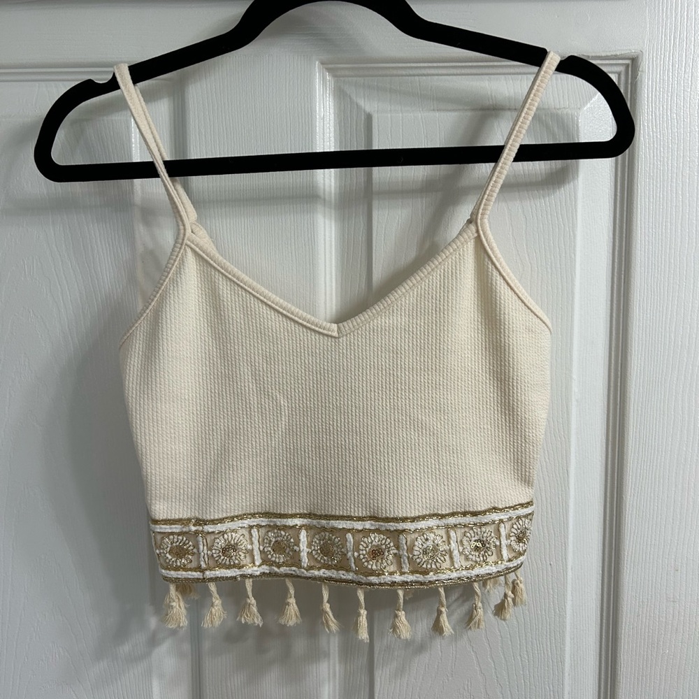 Embellished sequin beaded fringe boho cream crop top